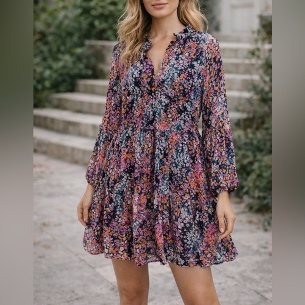 Vince Camuto Black Floral Print Tiered Long Sleeve V Neck Mini Dress XS